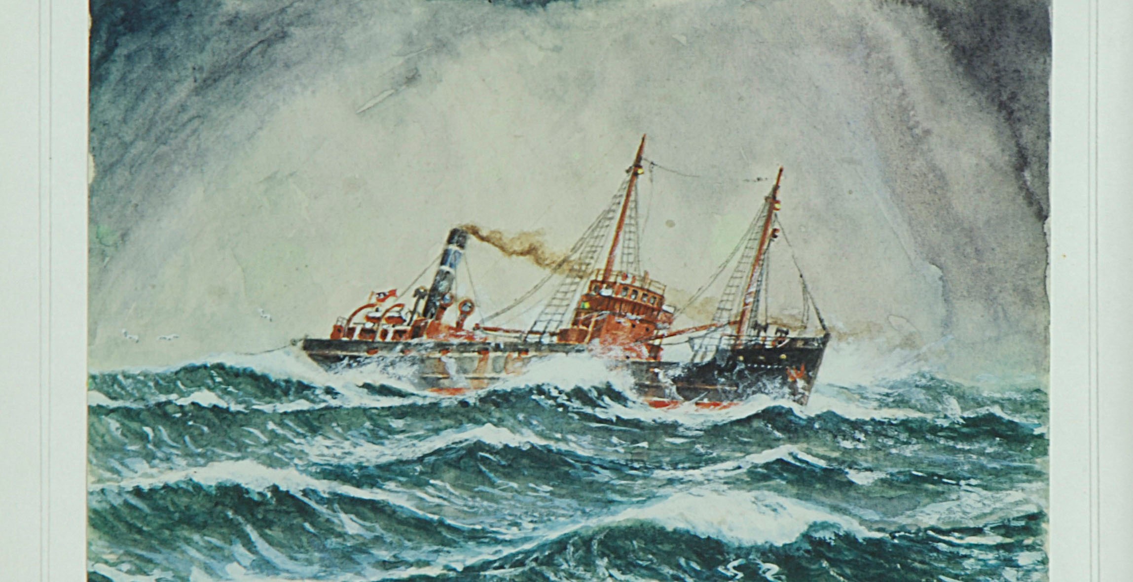 A painting of a ship at sea in very choppy waters
