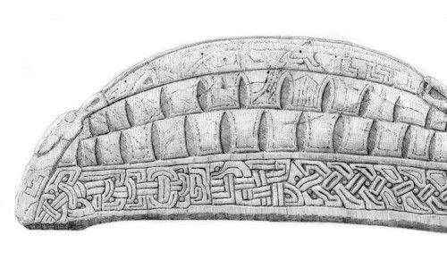 Govan 2 Hogback stone: pencil survey drawing showing side elevations and end elevation