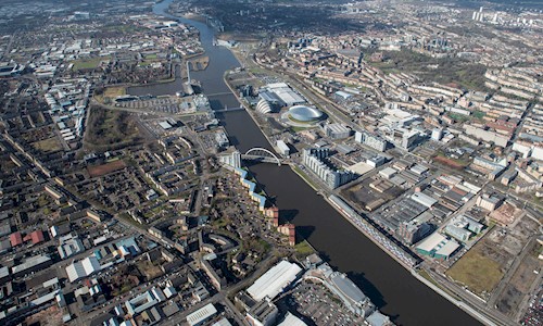 Aerial view over Glasgow showing the River Clyde, SSE Armadillo and Hydro 