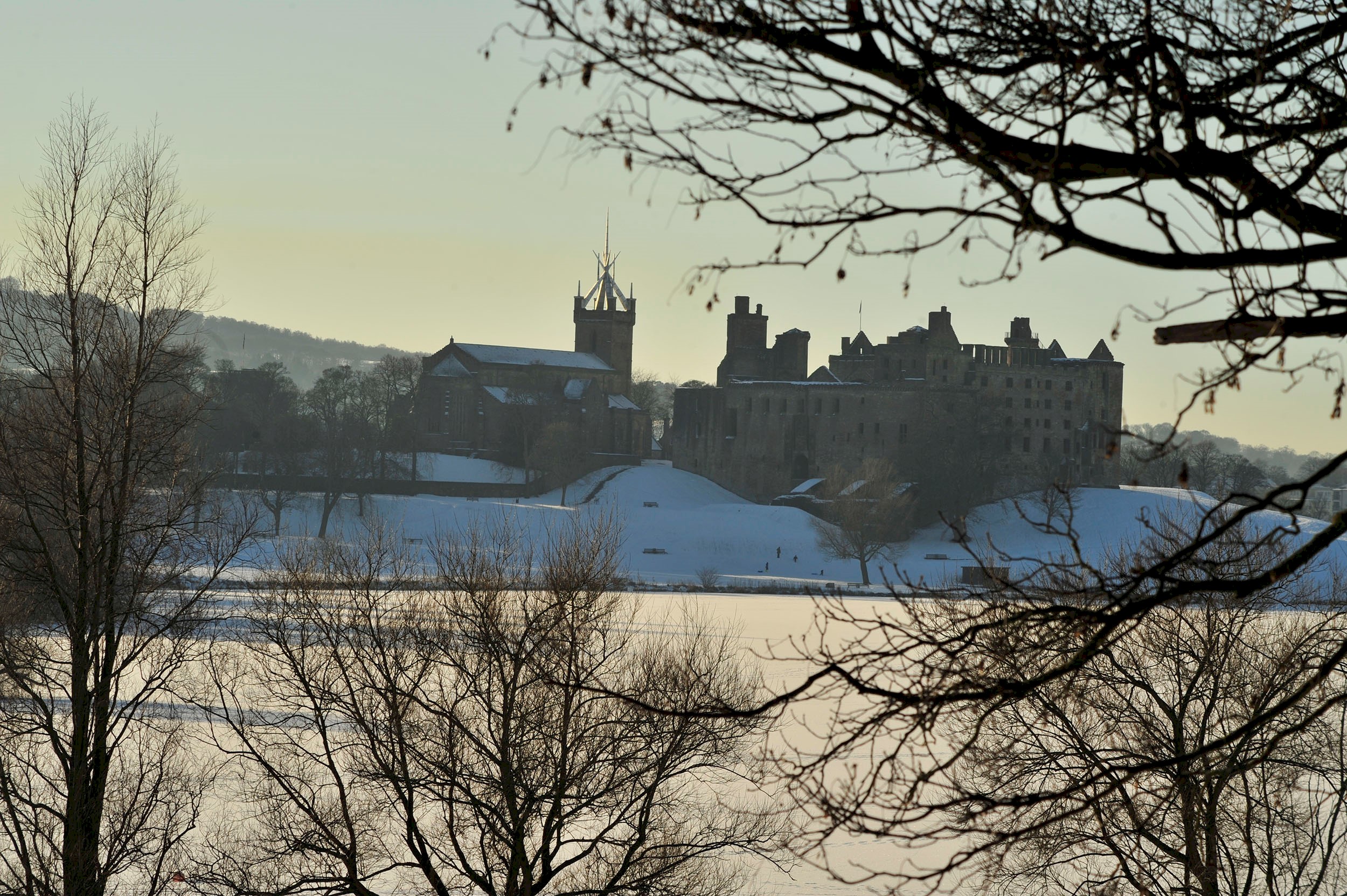 Sparse tree branches and a palace in the background with snow covered surroundings