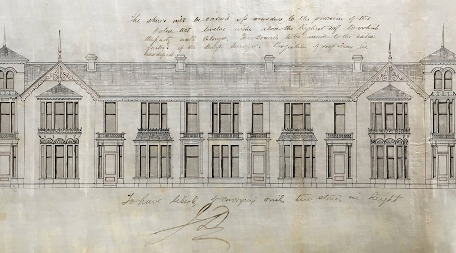 An architectural drawing of a historical building as seen from the side view.