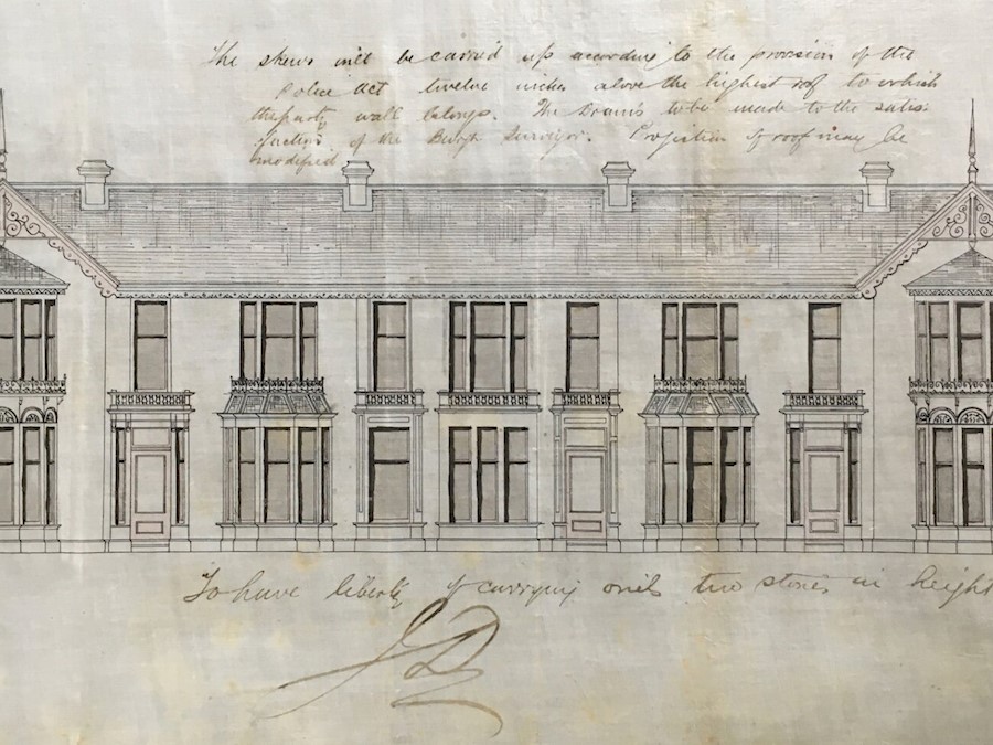 An architectural drawing of a historical building as seen from the side view.