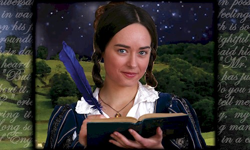 A woman in costume using a quill to write in a book 