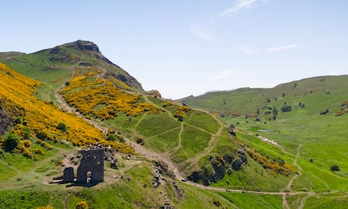 Aerial view of Holyrood Park with St Anthony's Chapel