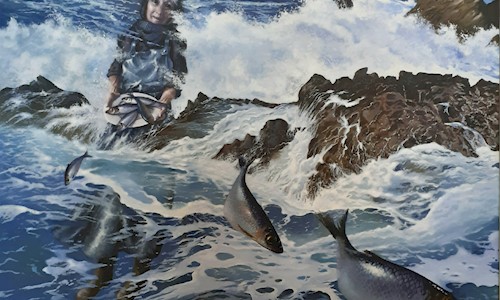 A painting of a woman standing in the water with splashing waves holding a plate with fish on and fish jumping out of the water 