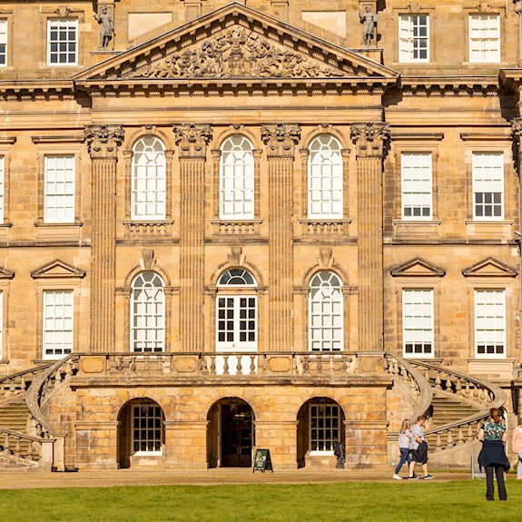 Exterior view of Duff House with blue skies above
