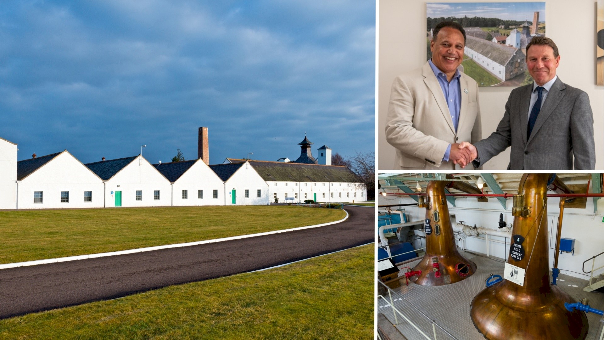 Three images are forming one. The images show Dallas Dhu, two men shaking hands and the distilling process.  