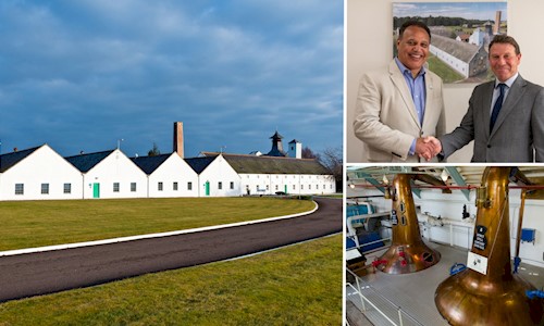 Three images are forming one. The images show Dallas Dhu, two men shaking hands and the distilling process.  