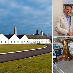 Three images are forming one. The images show Dallas Dhu, two men shaking hands and the distilling process.