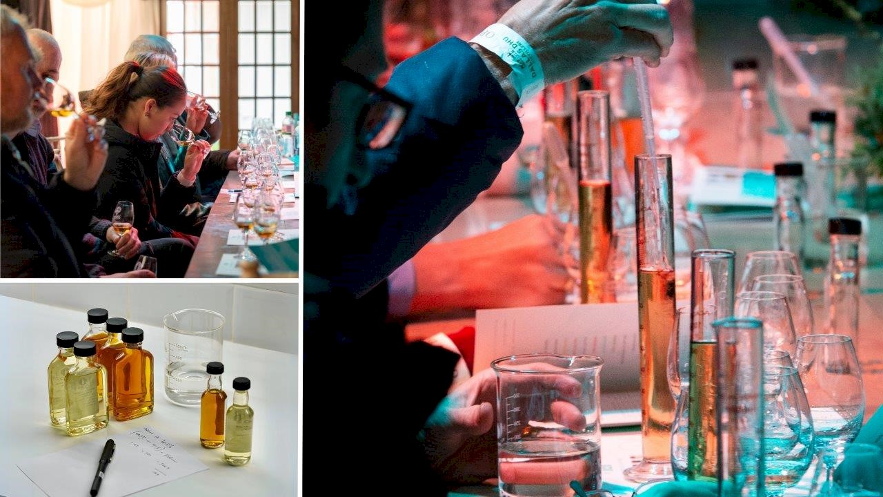 Three images made up to look like one. You can see people tasting whisky, mixing some and the sample bottles