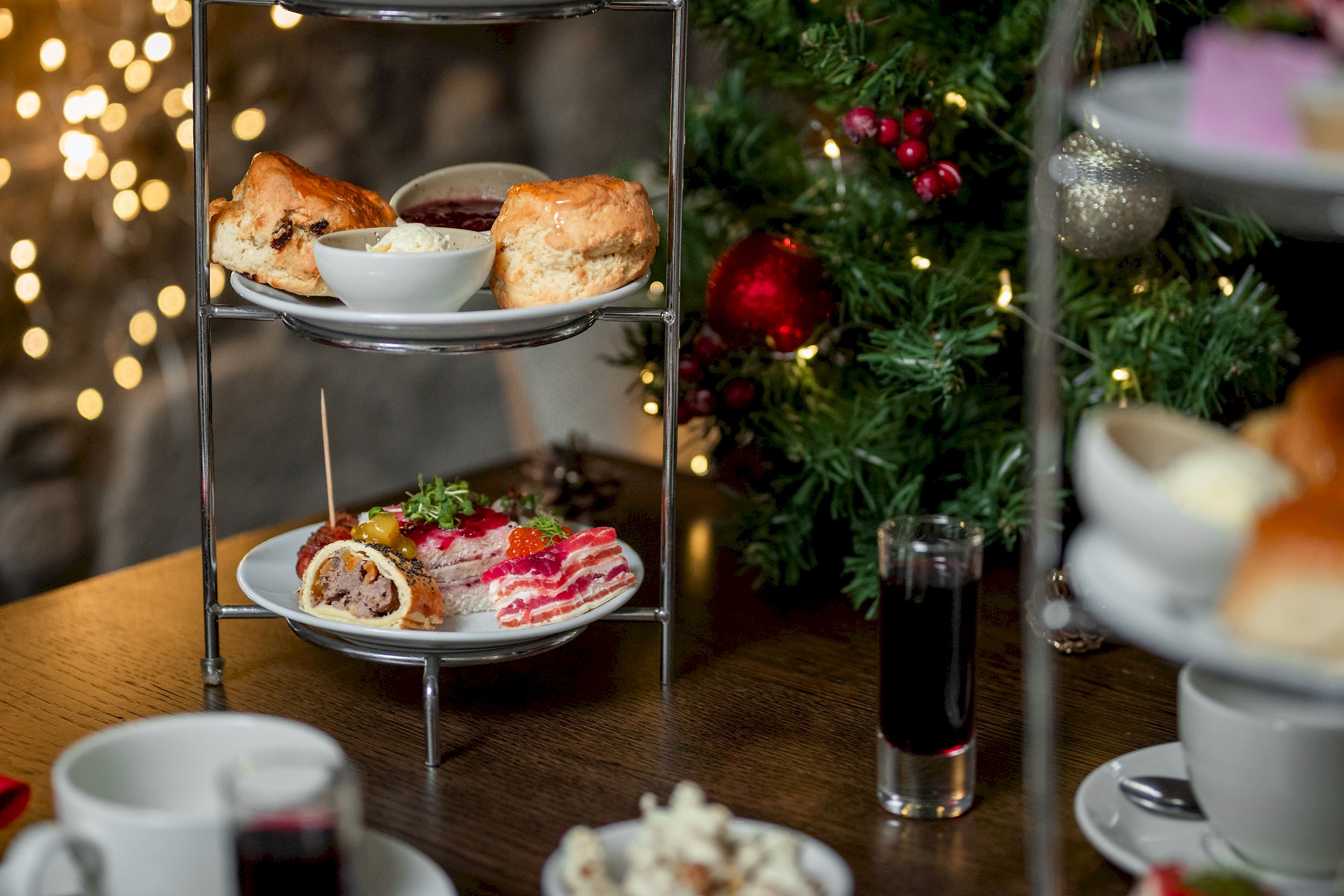 Cake stand with a festive afternoon tea selection