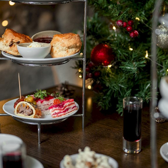 Cake stand with a festive afternoon tea selection