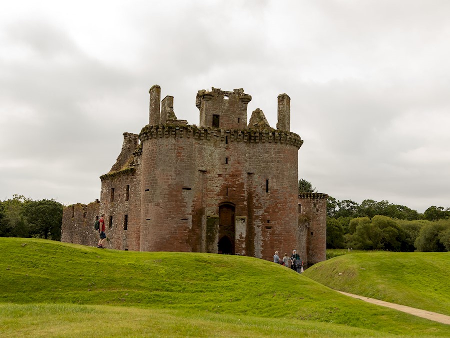 General view of the entrance to Caerlaverock Castle and moat 