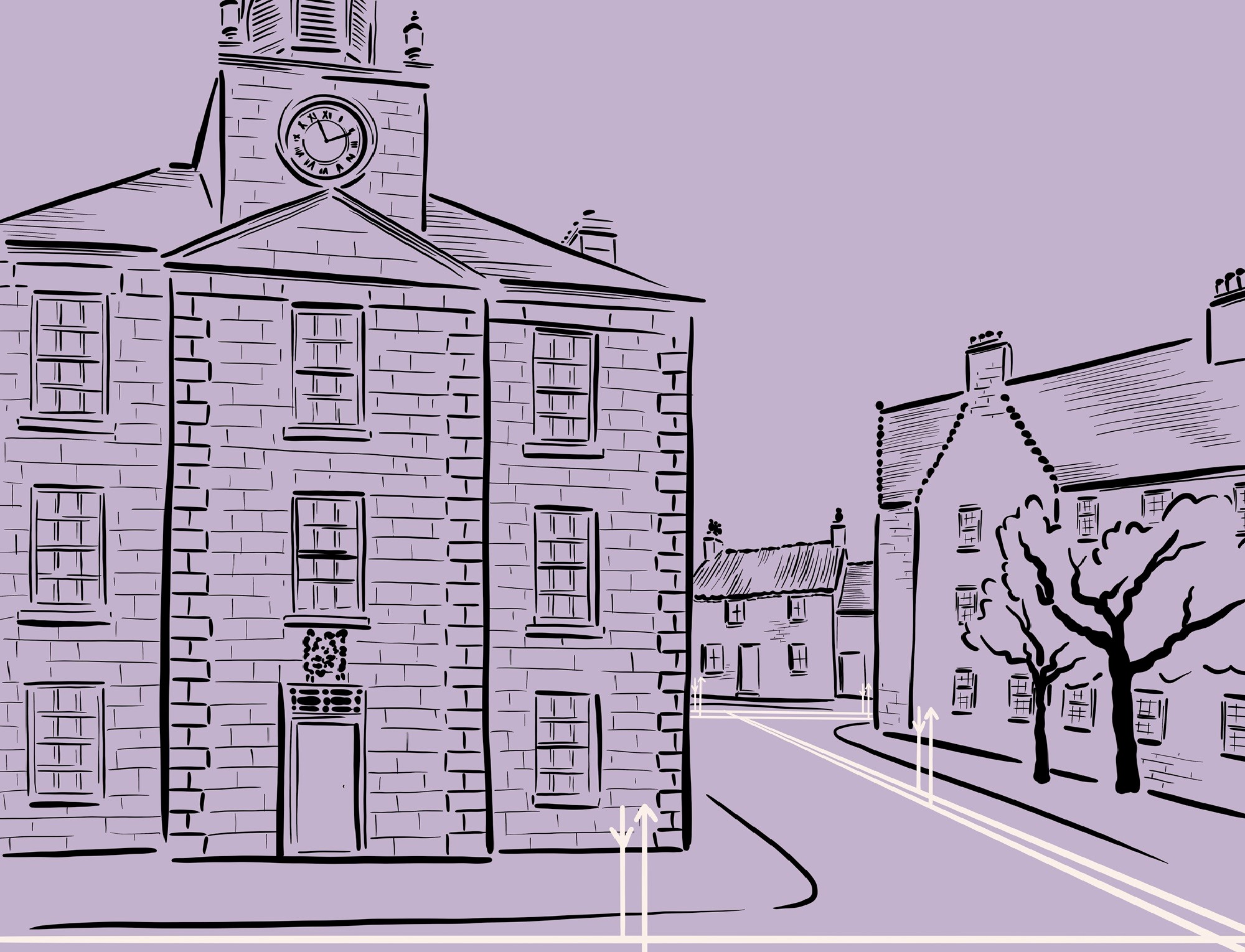 An illustration of a street, featuring a large stone building with a clock on the front and a row of smaller traditional buildings to the right.