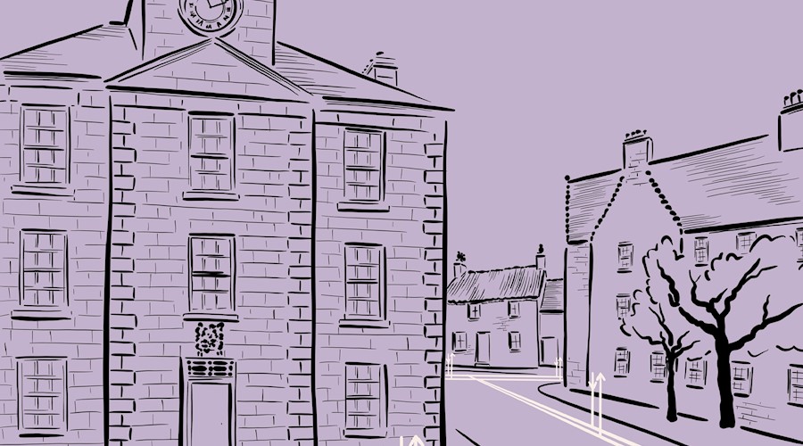 An illustration of a street, featuring a large stone building with a clock on the front and a row of smaller traditional buildings to the right.