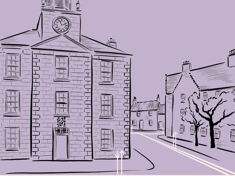 An illustration of a street, featuring a large stone building with a clock on the front and a row of smaller traditional buildings to the right.