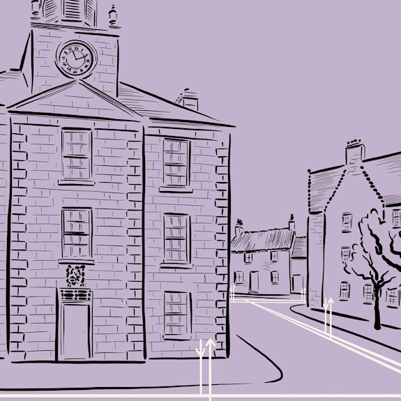 An illustration of a street, featuring a large stone building with a clock on the front and a row of smaller traditional buildings to the right.