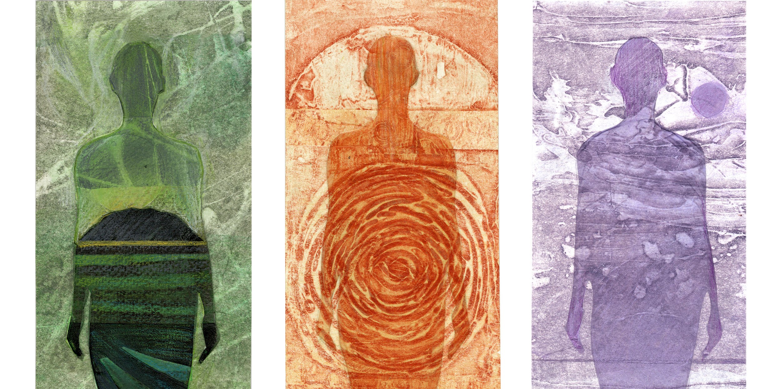 A piece of artwork. The image is split into three, with an outline of the full body of a person in each vertical third. The images are colour themed: green, orange and purple
