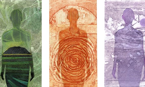 A piece of artwork. The image is split into three, with an outline of the full body of a person in each vertical third. The images are colour themed: green, orange and purple