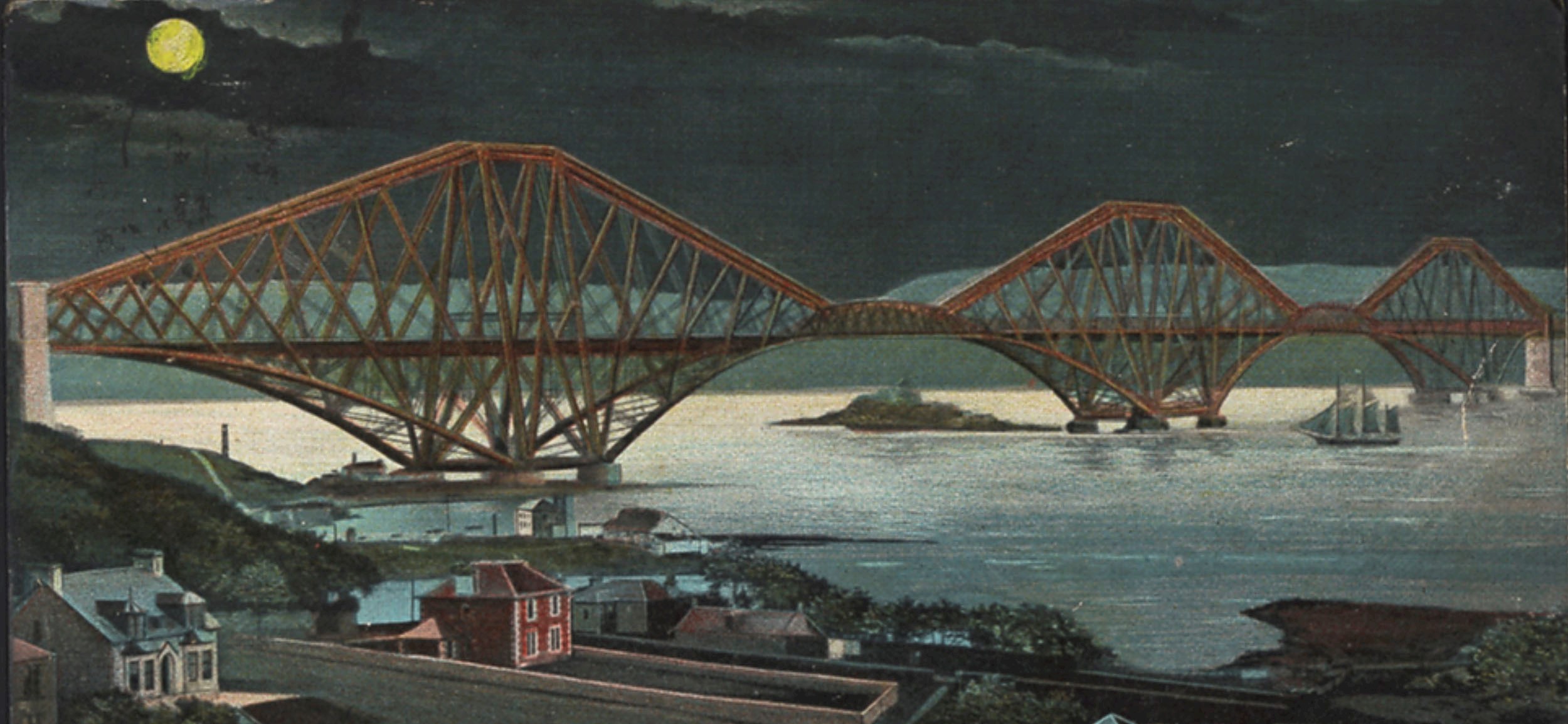 Postcard of the Forth railway bridge seen from Fife, 1903. The view is taken from North Queensferry: the slipway for the ferry is in the middle of the picture.