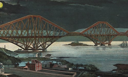 Postcard of the Forth railway bridge seen from Fife, 1903. The view is taken from North Queensferry: the slipway for the ferry is in the middle of the picture.
