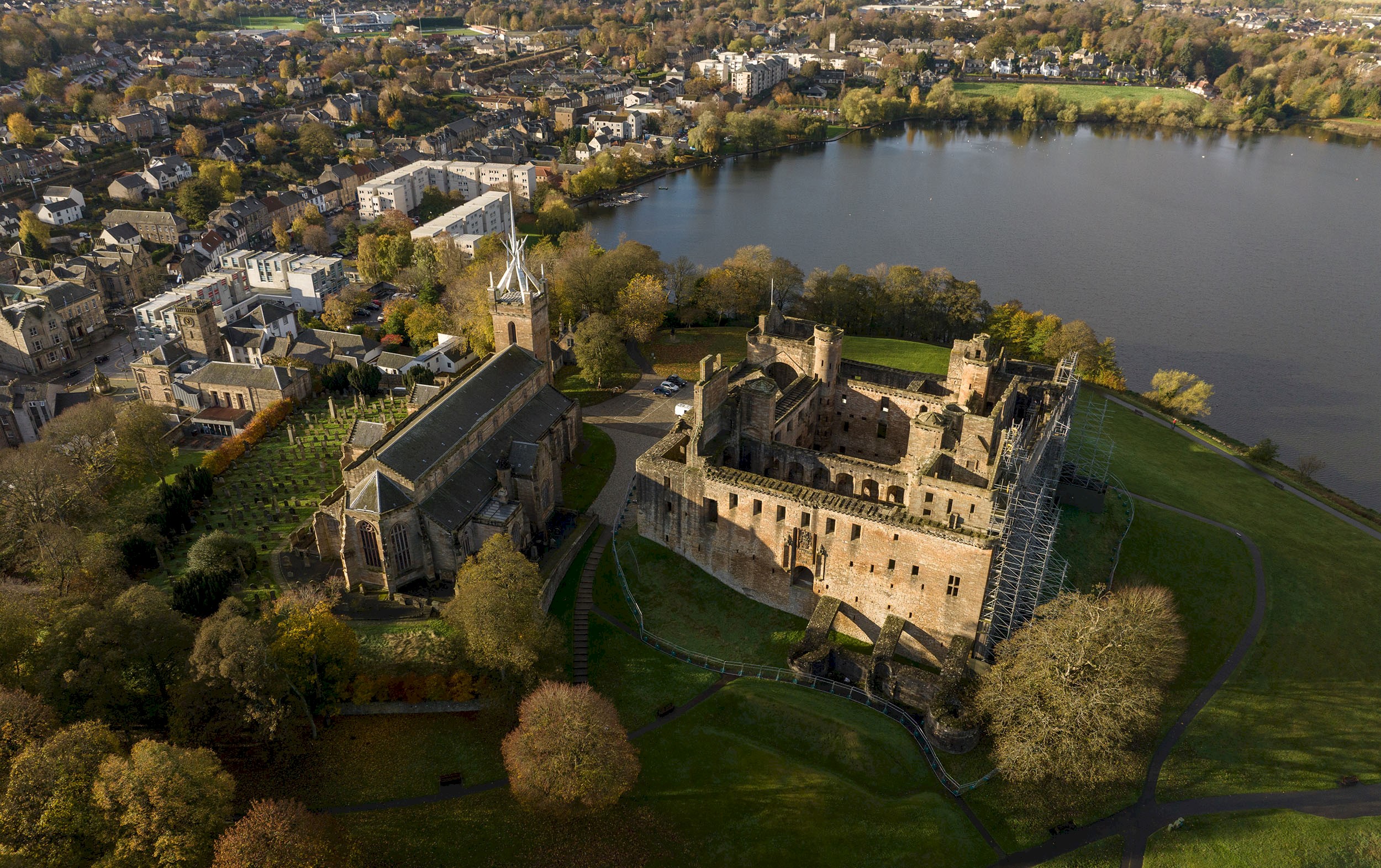 Aerial view of Linlithgow Palace and Loch