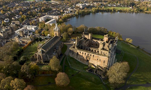 Aerial view of Linlithgow Palace and Loch