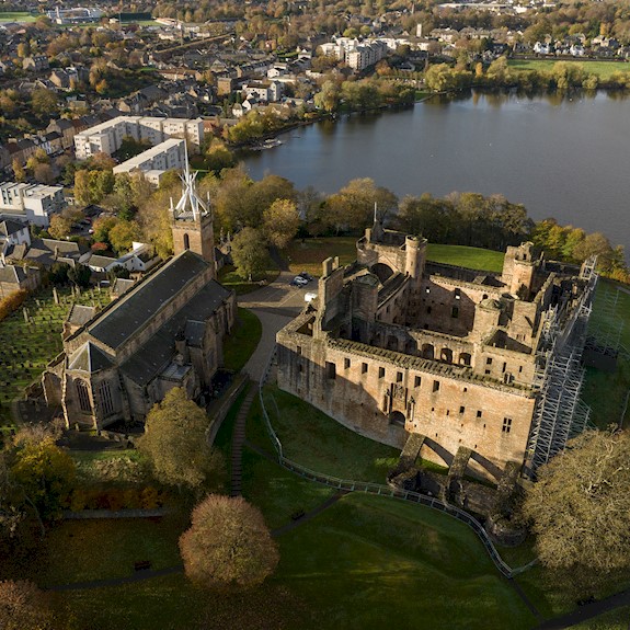 Aerial view of Linlithgow Palace and Loch