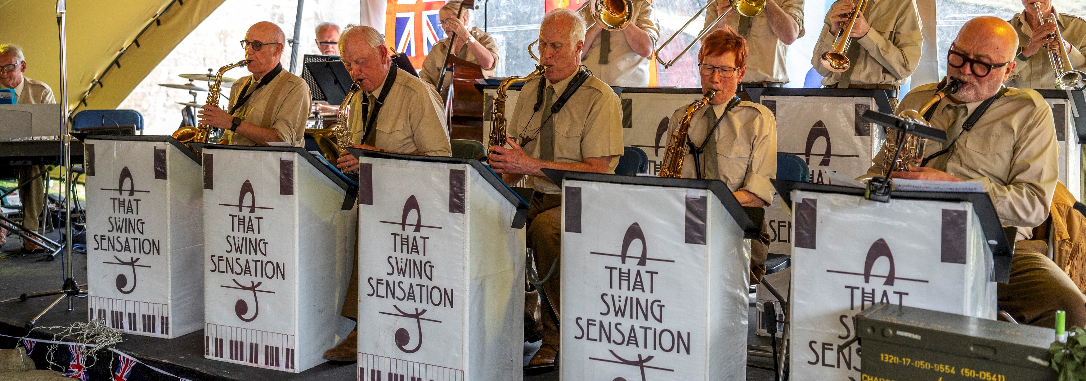 A swing band playing instruments 