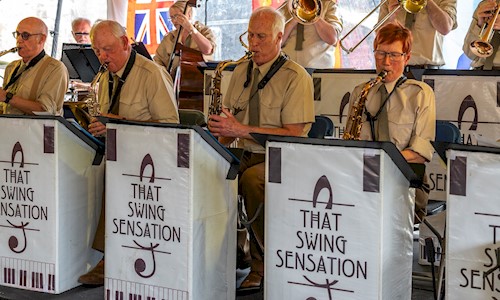 A swing band playing instruments 