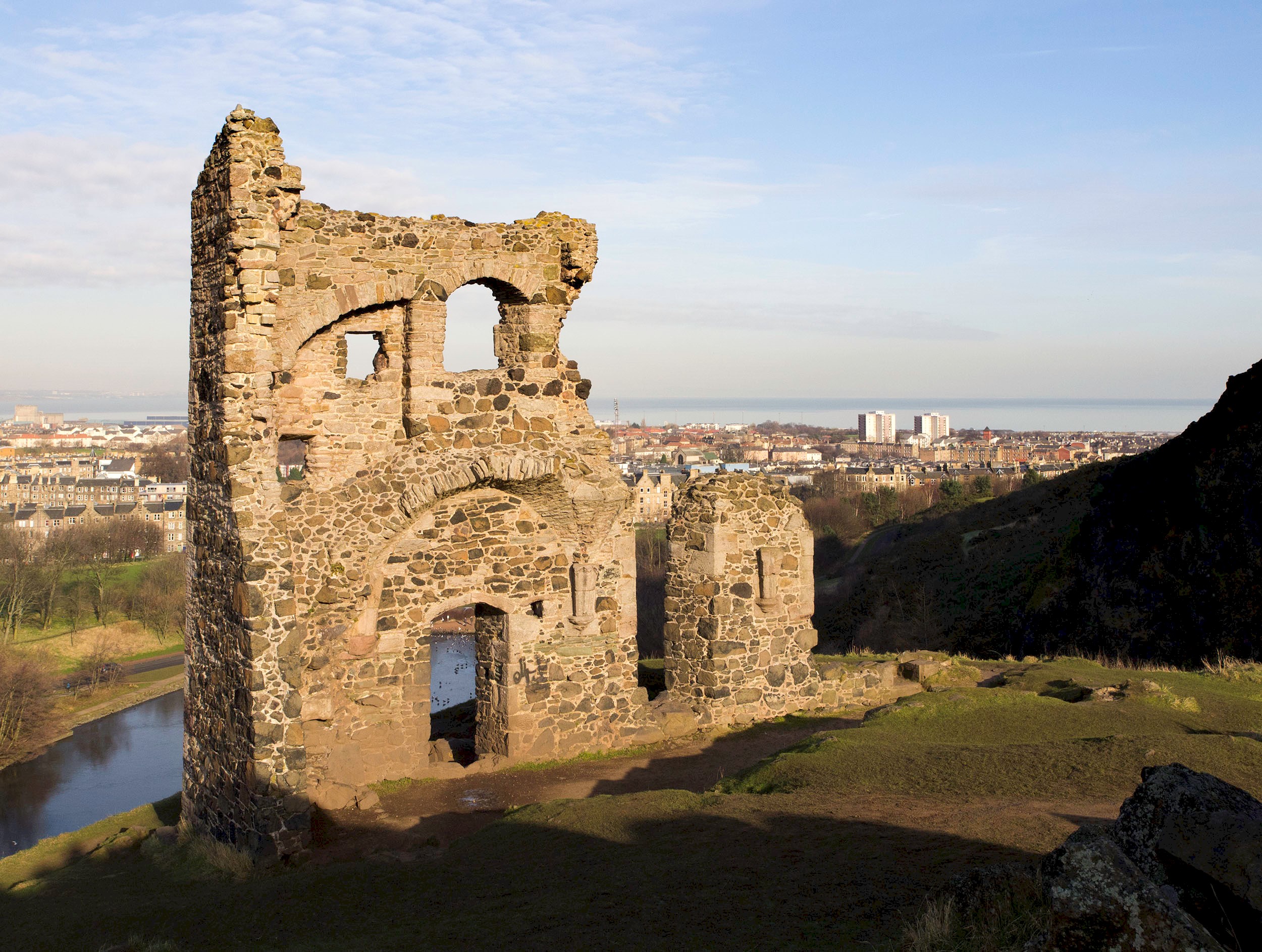 View of St Anthony's Chapel and St Margaret's Loch in Holyrood Park
