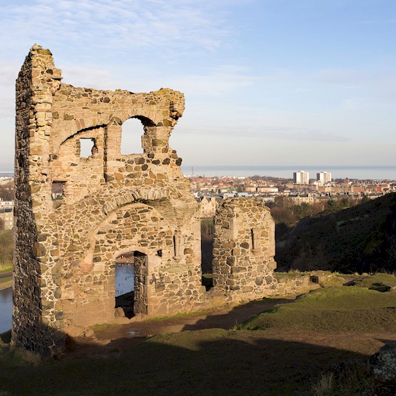 View of St Anthony's Chapel and St Margaret's Loch in Holyrood Park