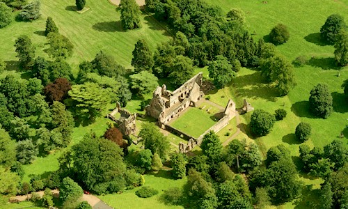 Aerial view of a ruined abbey with lots of green grass and trees surrounding it