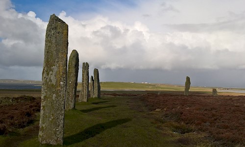 Standing stones at Orkney's Ring of Brodgar in the sunshine