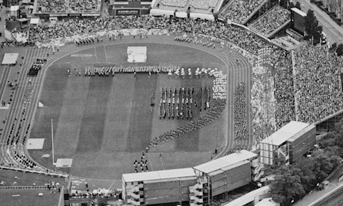 An aerial view of a football pitch in black and white