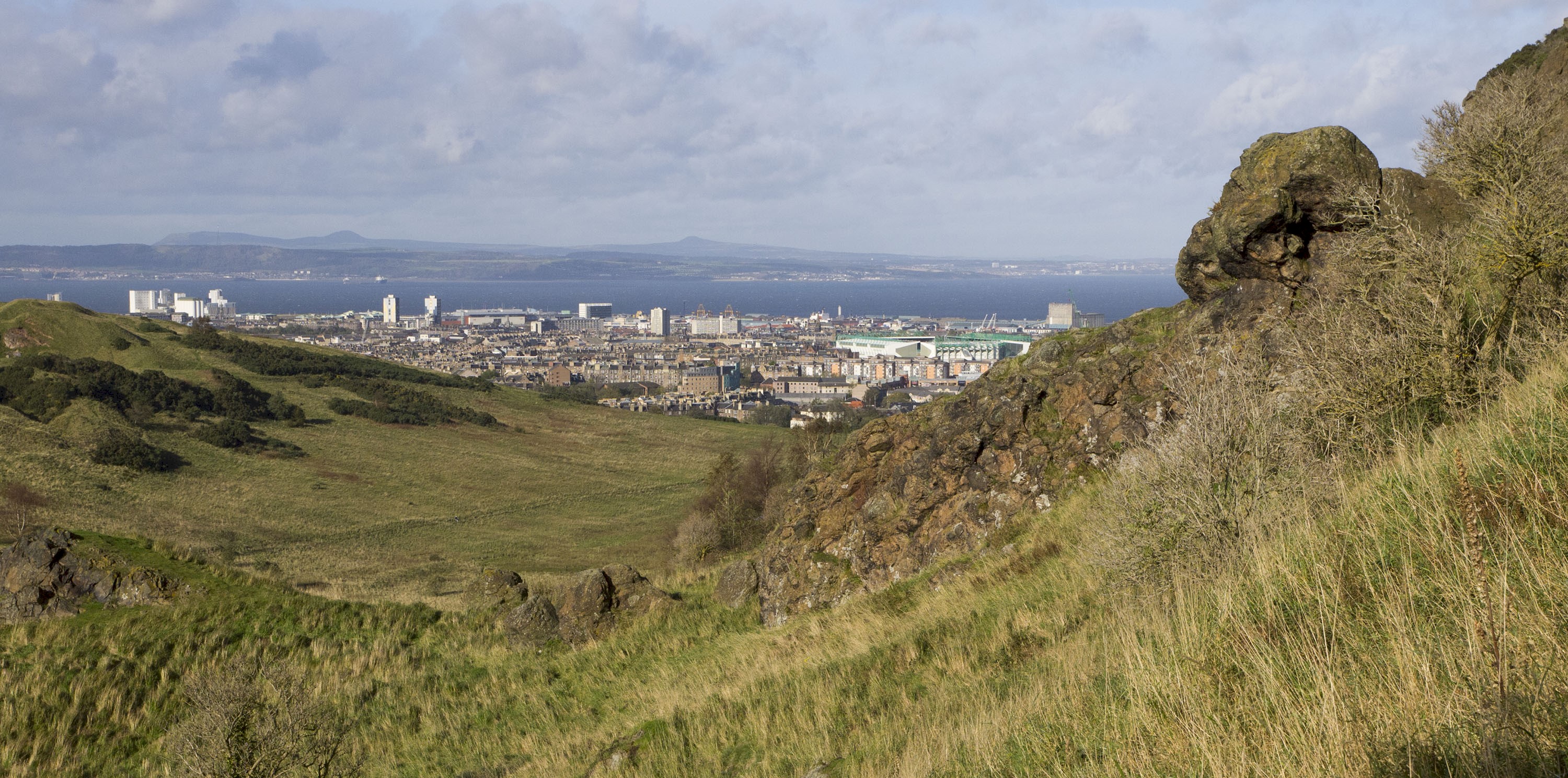 View to Hunter's Bog (Holyrood Park), Leith, The Forth and the Lomonds in Fife