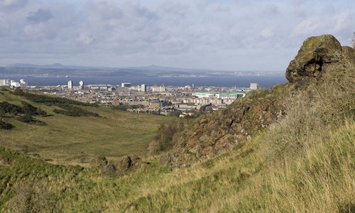 View to Hunter's Bog (Holyrood Park), Leith, The Forth and the Lomonds in Fife