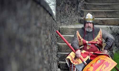 A costumed performer in chain mail holding a shield looking stern