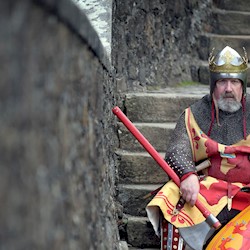A costumed performer in chain mail holding a shield looking stern