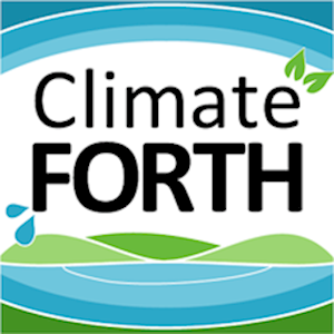 The logo for Climate Forth, with the lettering above a stylized river.