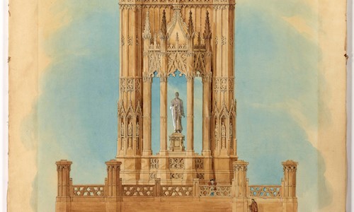 A watercolour and pencil elevation of a design for the Sir Walter Scott Monument