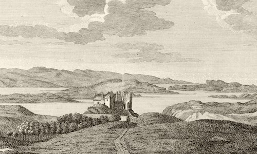 Engraving showing distant view of Dunvegan Castle, from 'Pennant Tour in Scotland 1772'