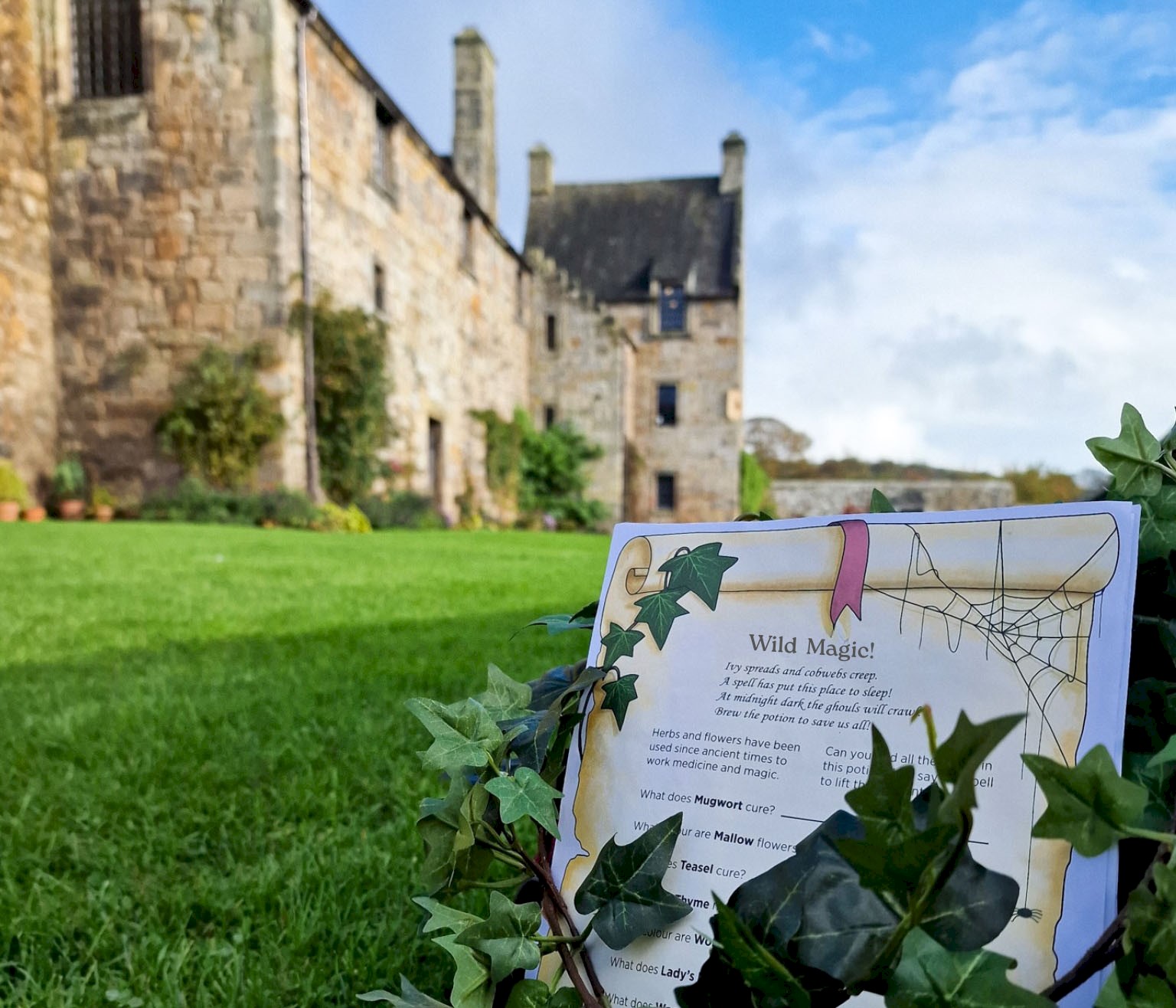 A sign on a grass lawn with ivy draped over it and a castle in the background