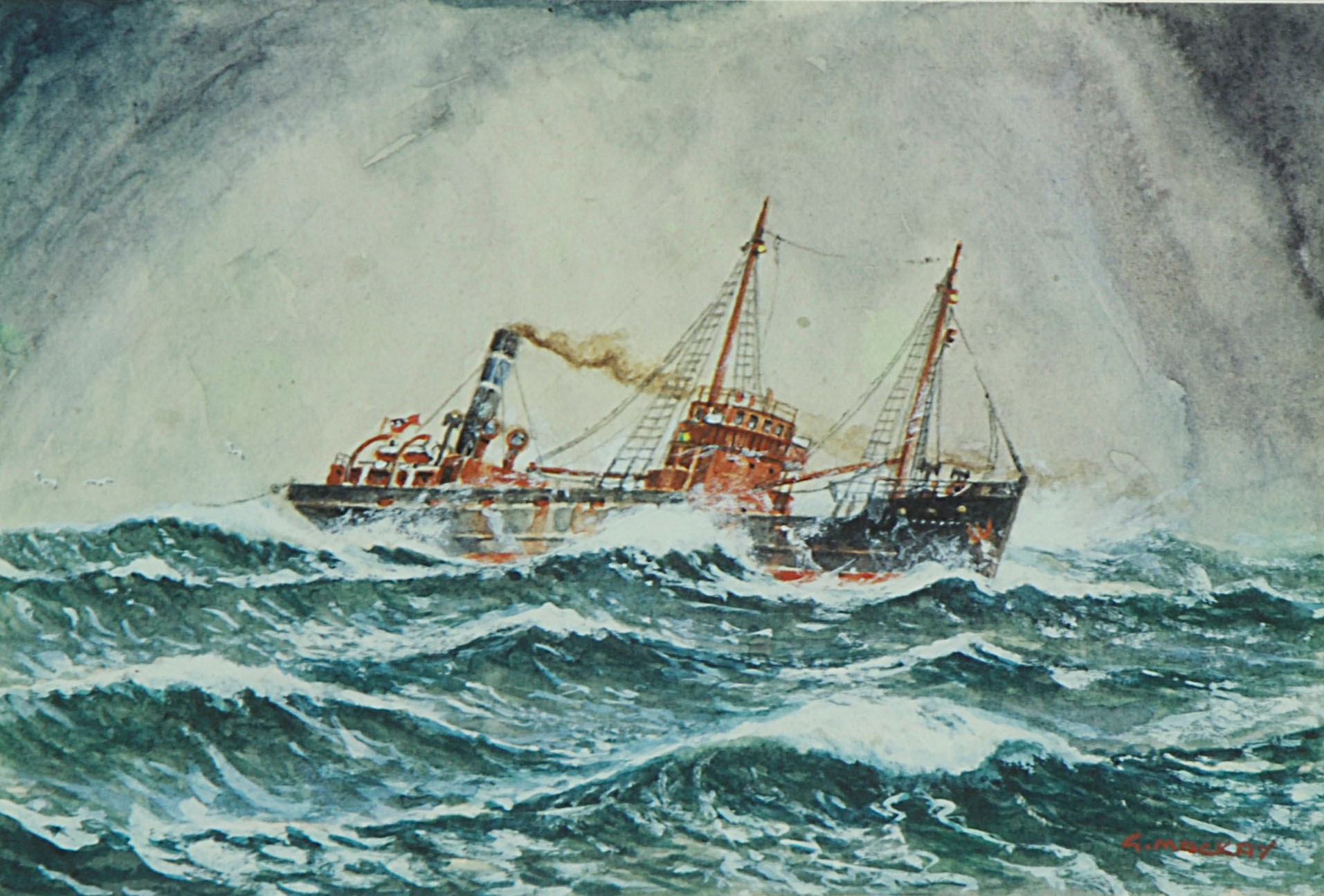 A painting of a ship in choppy seas