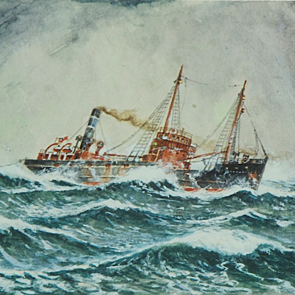 A painting of a ship in choppy seas