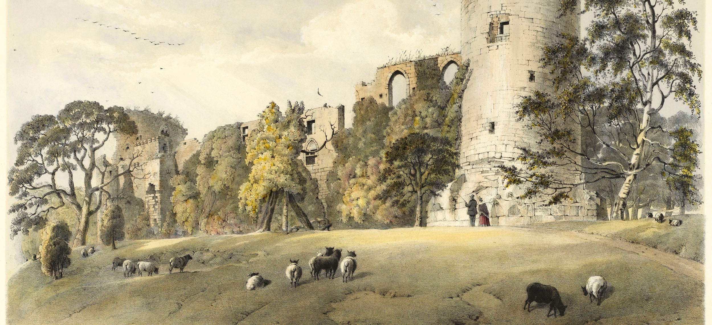 A painting of a castle with greenery and sheep surrounding