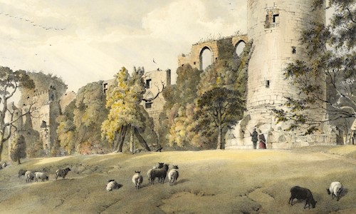 A painting of a castle with greenery and sheep surrounding