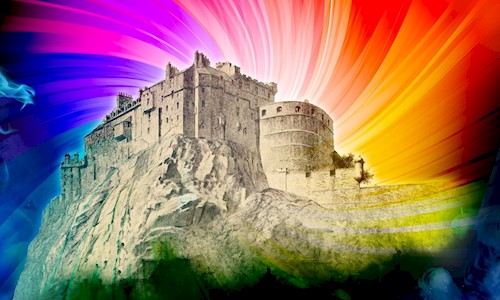 Colourful drawing of Edinburgh Castle with laser lights and dragons breathing on the castle