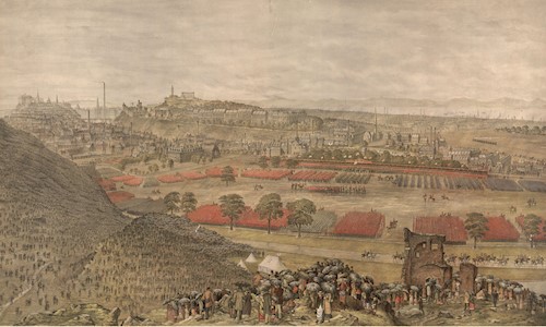 Coloured lithograph entitled Royal Review of Scottish Volunteers, Queen's Park, by McFarlane & Erskine. The Royal Review of Scottish Volunteers of 25 August 1881 was one of a series of military parades held in Holyrood Park. It was known as the 'Wet Review' as more than 40,000 Volunteers and spectators were drenched by rain.