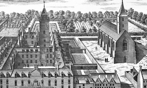 Scanned image of engraving showing elevated general view. Insc: 'The Colledge of Glasgow' from Theatrum Scotiae by John Slezer.